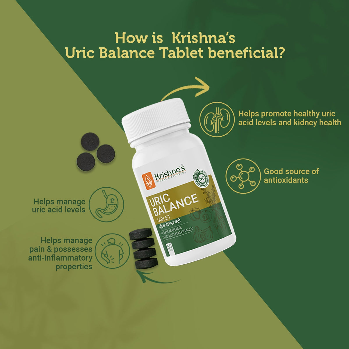 Krishna's Herbal & Ayurveda Uric Balance Tablets in a bottle, natural Ayurvedic supplement for healthy uric acid levels
