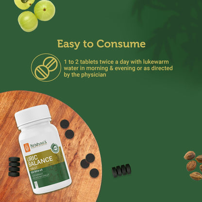 Krishna's Herbal & Ayurveda Uric Balance Tablets in a glass bottle, showing the Ayurvedic supplement for healthy uric acid levels.