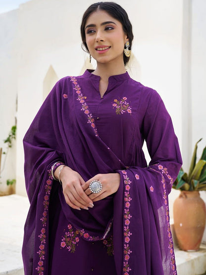 Floral Embroidered Thread Work Pure Cotton A-Line Kurta With Trousers & Dupatta