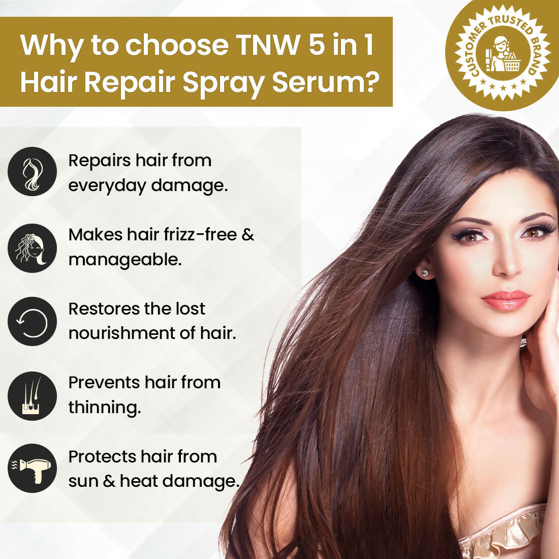 The Natural Wash 5-in-1 hair spray serum with wheat germ oil, showing a sleek bottle with a spray nozzle and wheat germ imagery.