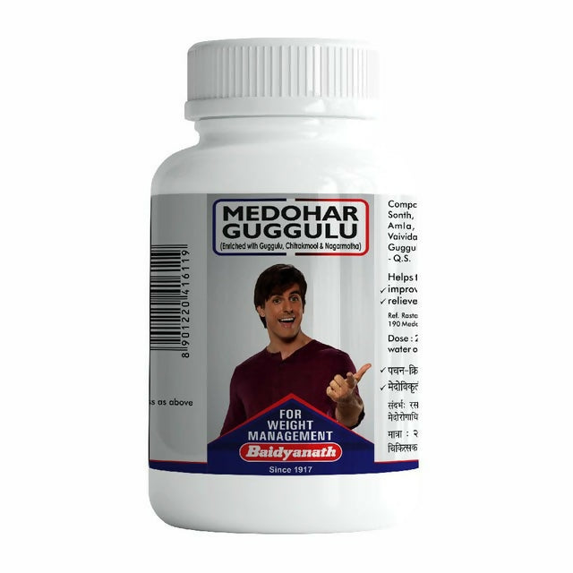 Baidyanath Medohar Guggulu Ayurvedic tablets in a bottle, natural herbal supplement for weight management and detox.