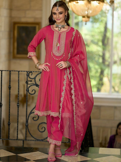 Ethnic Motifs Embroidered Notch Neck A-line Kurta With Trousers & Dupatta