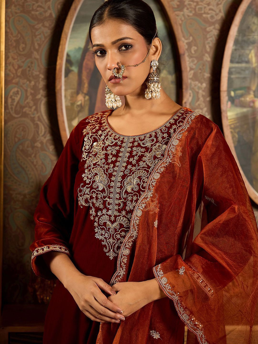 Indyancart IE Ethnic Motifs Embroidered Thread Work Velvet Kurta with Trouser & Dupatta