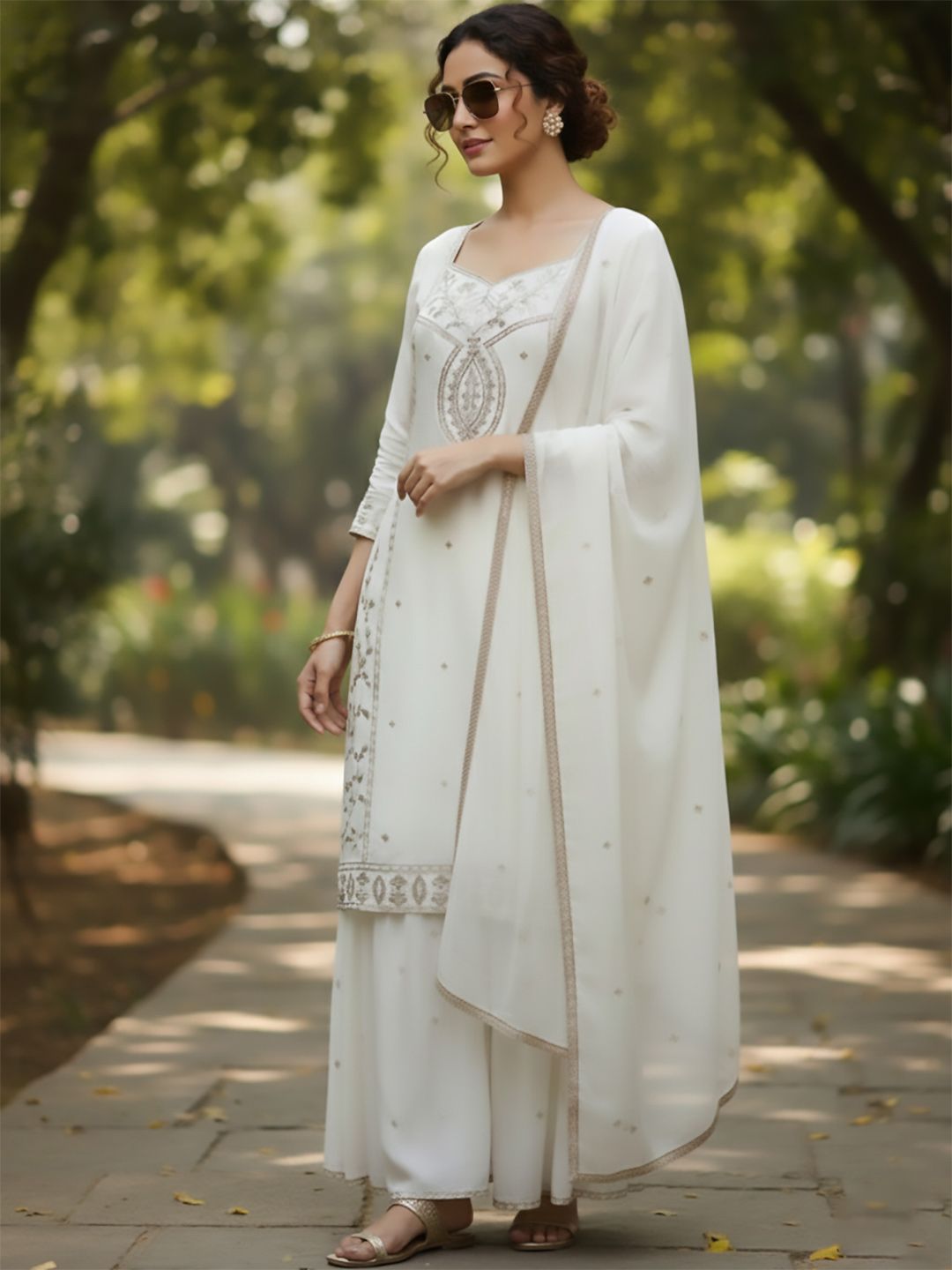 Indyancart VA Women Ethnic Motifs Embroidered Regular Thread Work Kurta with Sharara & With Dupatta