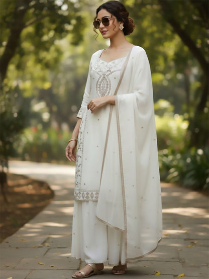 Indyancart VA Women Ethnic Motifs Embroidered Regular Thread Work Kurta with Sharara & With Dupatta