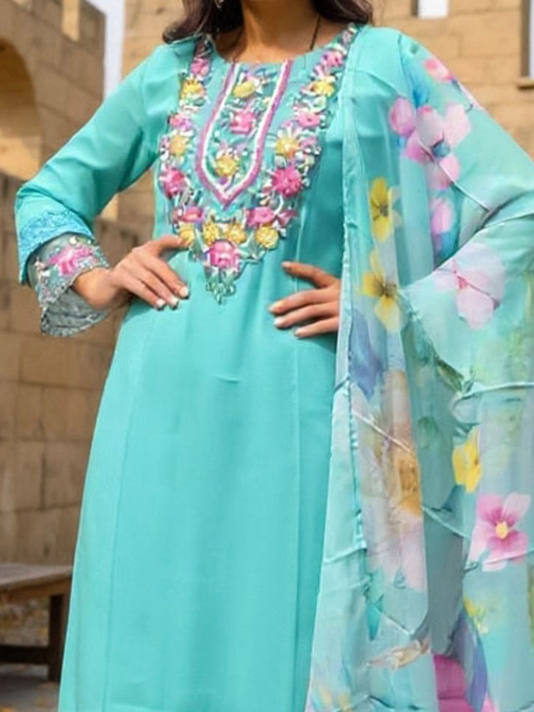 Floral Yoke Design Thread Work Straight Kurta With Trousers & Dupatta