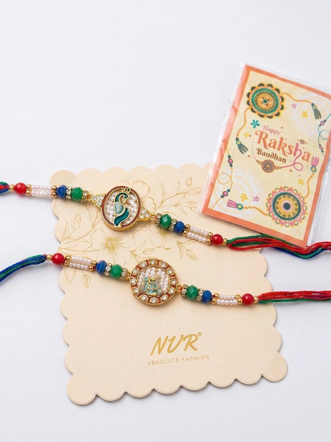 Anouk Set Of 2 Multicolor Peacock Design Rakhi With Roli Chawal Chandan Mishri