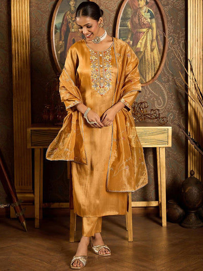 Indyancart IE Floral Embroidered Thread Work Liva Straight Kurta with Trouser & Dupatta