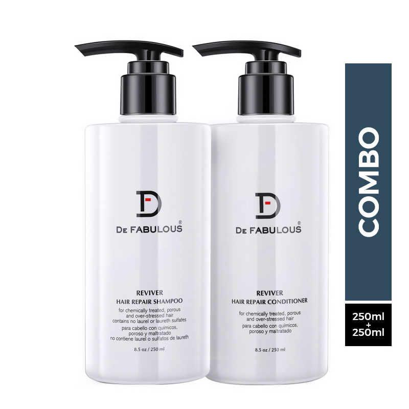 De Fabulous Reviver Hair Repair Shampoo and Conditioner combo bottles, nourishing hair care for damaged hair.