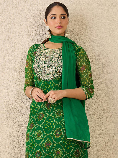 Indyancart IE Women's Bandhani Printed Thread Work Straight Kurta With Trousers & Dupatta