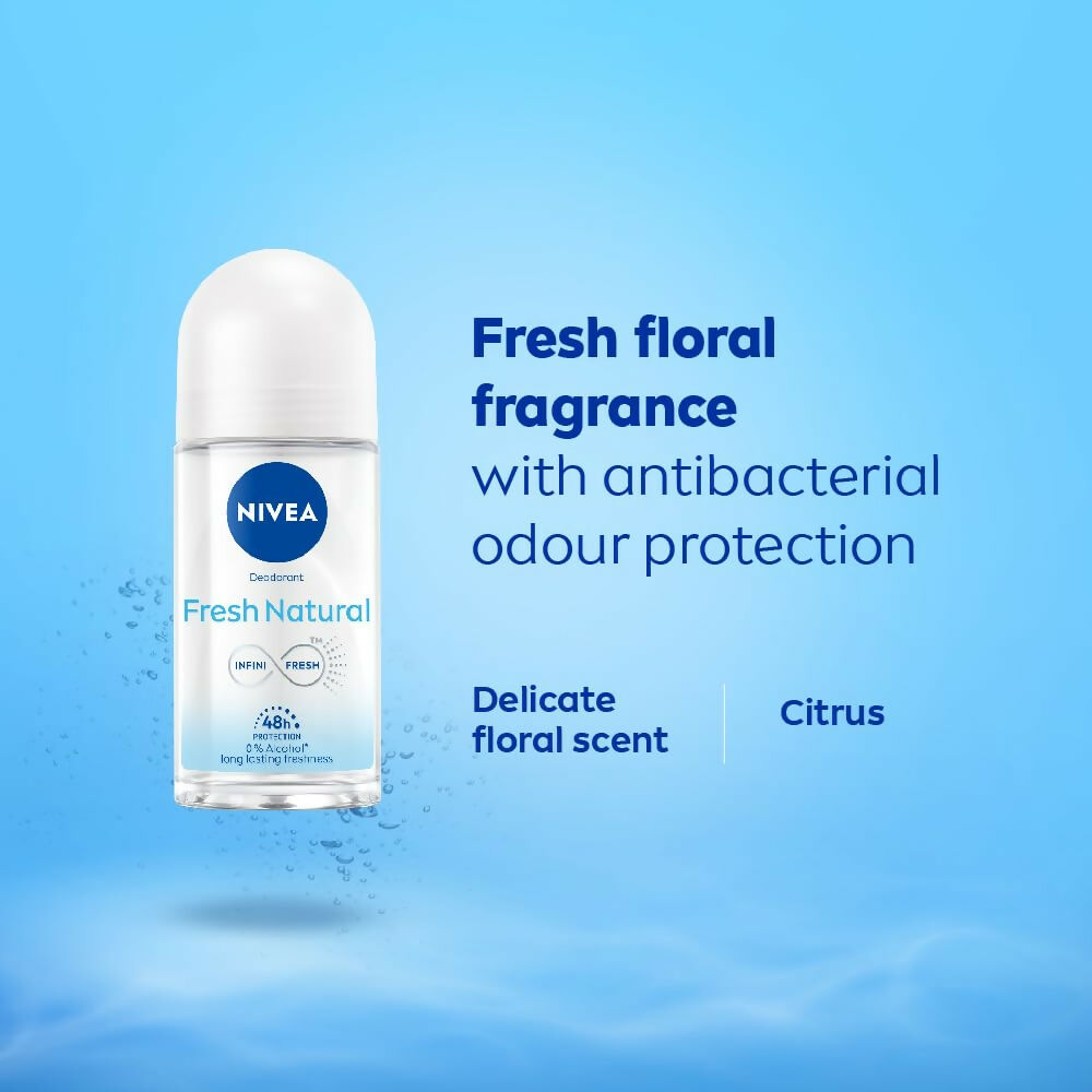 Nivea Fresh Natural Roll On underarm deodorant for women, showing the sleek bottle and clear label.