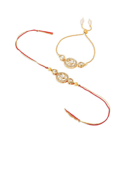 Anouk Set Of 2 Gold Toned Kundan Bhaiya Bhabhi Rakhi With Roli Chawal Chandan Mishri