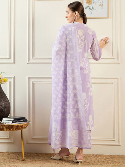 Indyancart IE Floral Printed V-Neck Pure Cotton Straight Kurta With Trousers & Dupatta