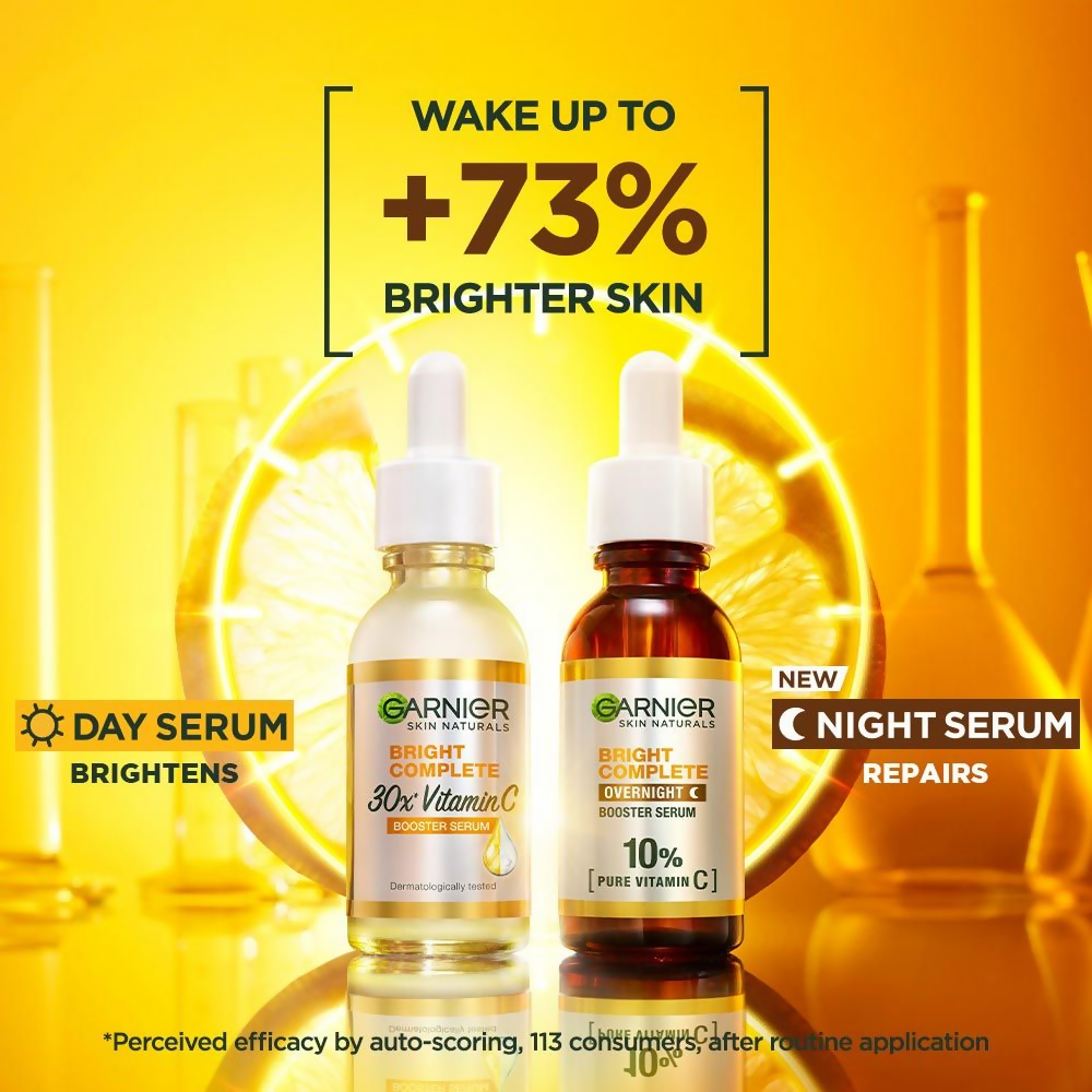 Garnier Bright Complete Vitamin C Night Serum bottle, night cream with brightening vitamin C for glowing skin.