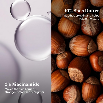 LuxaDerme Hand & Nail Rescue Cream with shea butter and niacinamide, showing the tube with cream and shea nuts on a white background.
