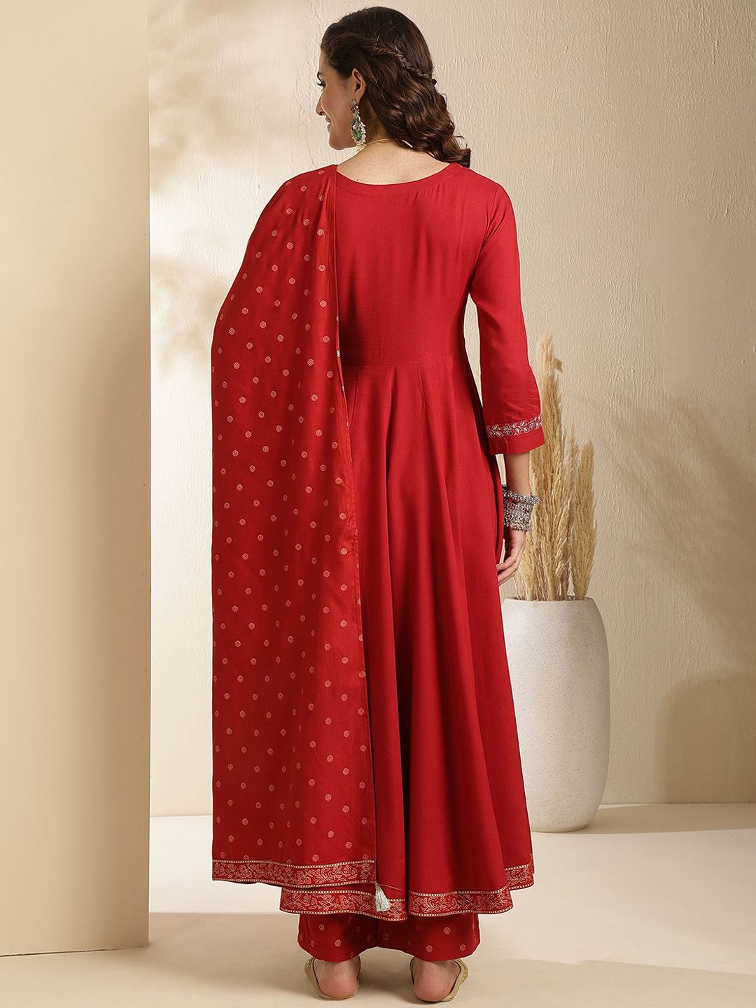 Indyancart SN Women's Embroidered V-Neck Anarkali Kurta With Trouser & Dupatta