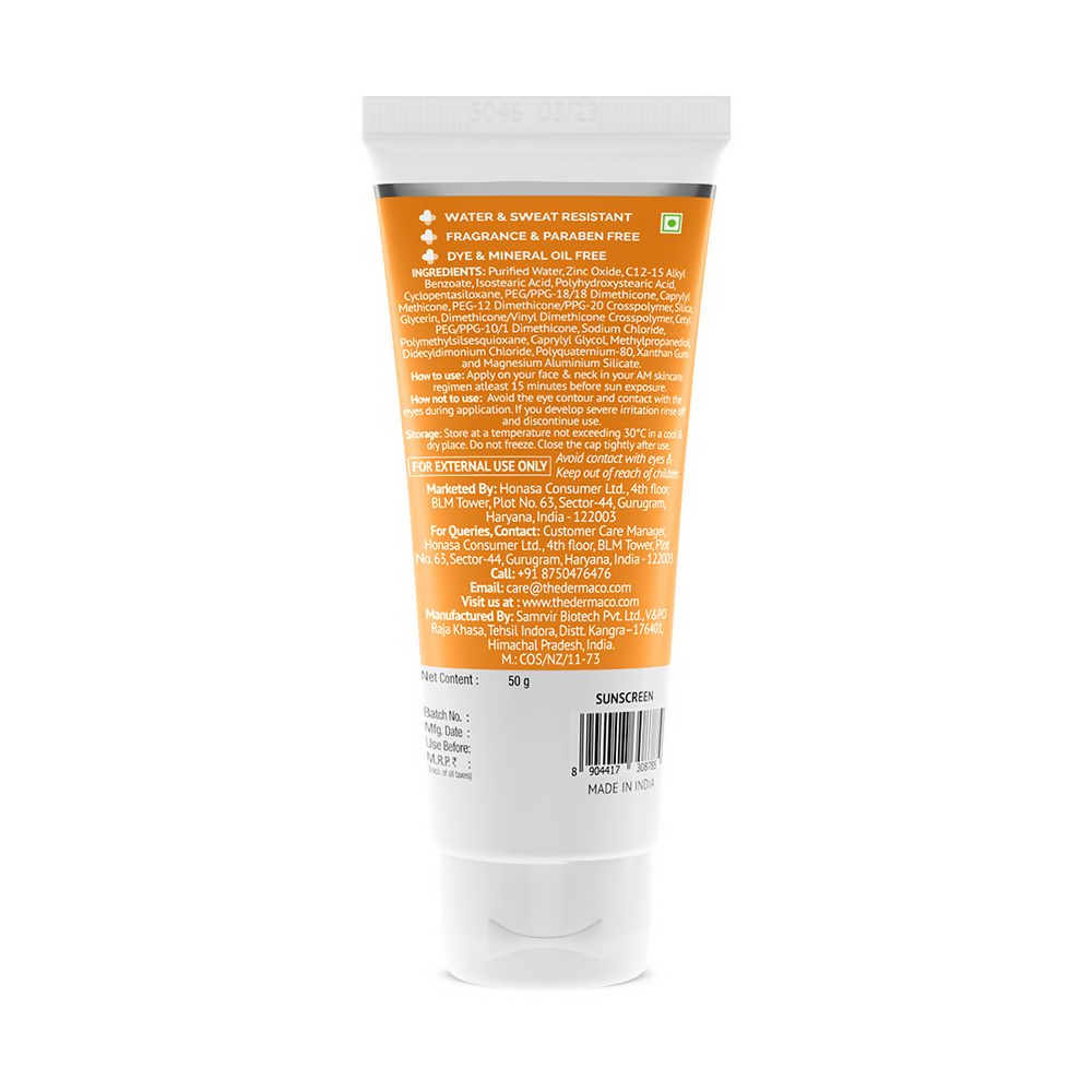 The Derma Co Ultra Light Zinc Mineral Sunscreen with SPF 50, creamy white formula spread on skin, suitable for sun protection.