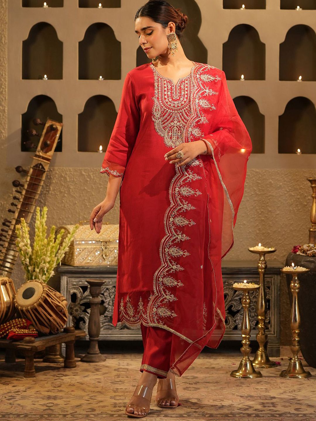 Indyancart IE Women's Women Ethnic Motifs Embroidered Regular Liva Kurta with Trousers & With Dupatta