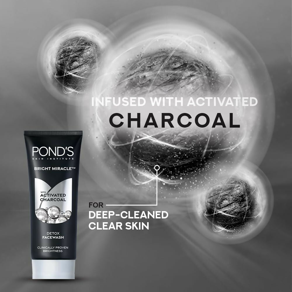 Ponds Bright Miracle Detox Face Wash with activated charcoal for deep cleansing and glowing skin, shown in the image.