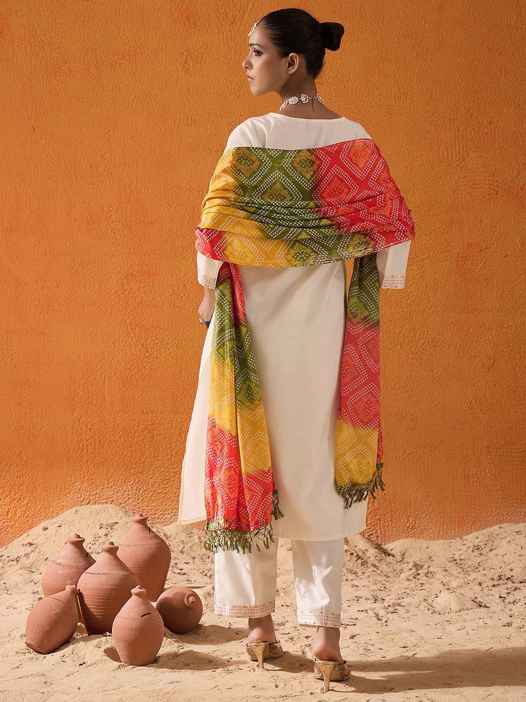 Indyancart IE Floral Woven Design Pure Cotton Straight Kurta With Trousers & Dupatta