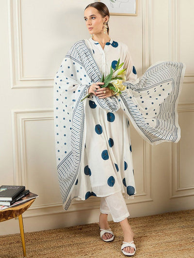 Indyancart IE Geometric Printed Band Collar Pure Cotton A-Line Kurta with Trousers & Dupatta
