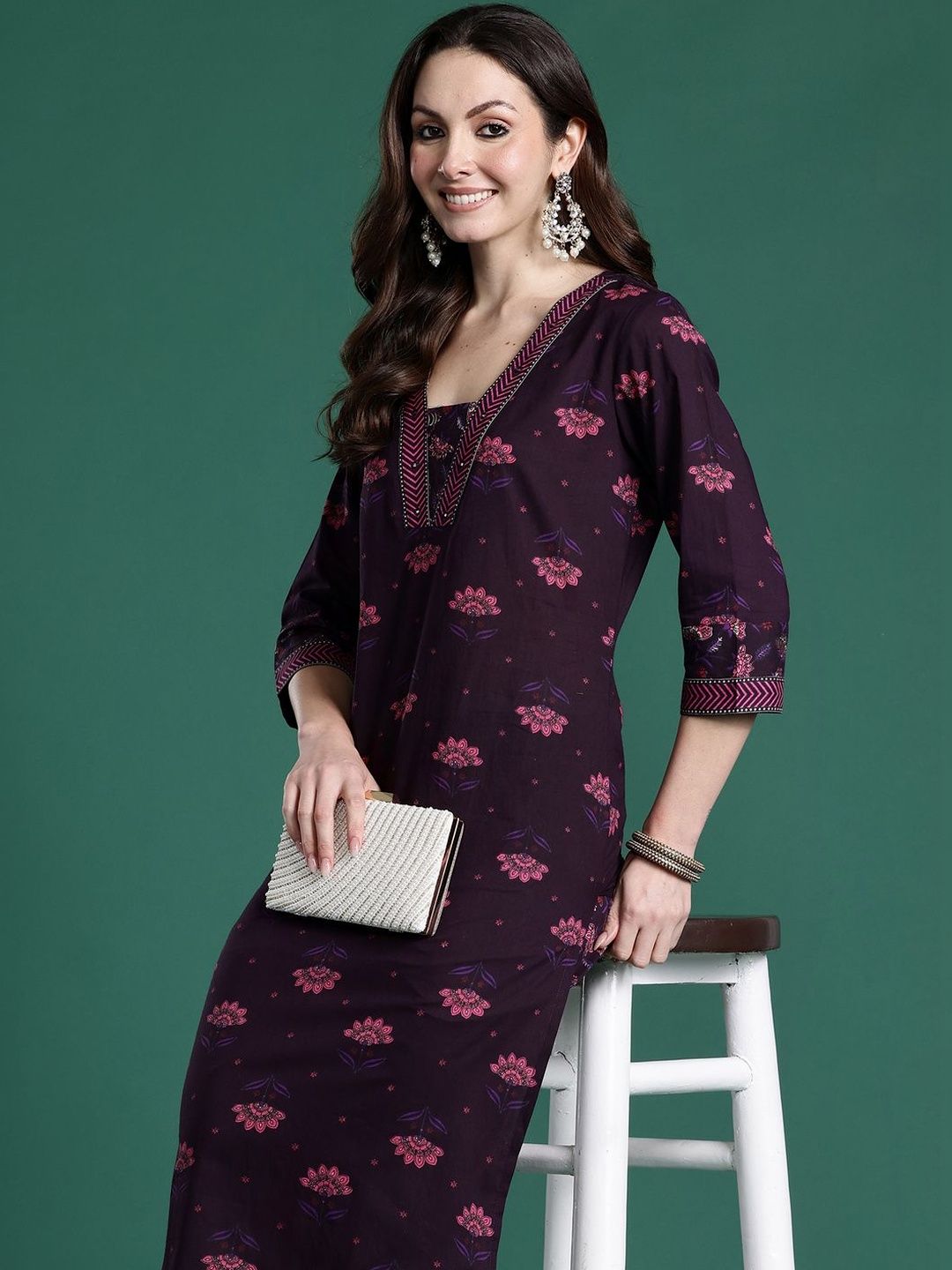 Women Floral Printed Regular Thread Work Pure Cotton Kurta with Trousers