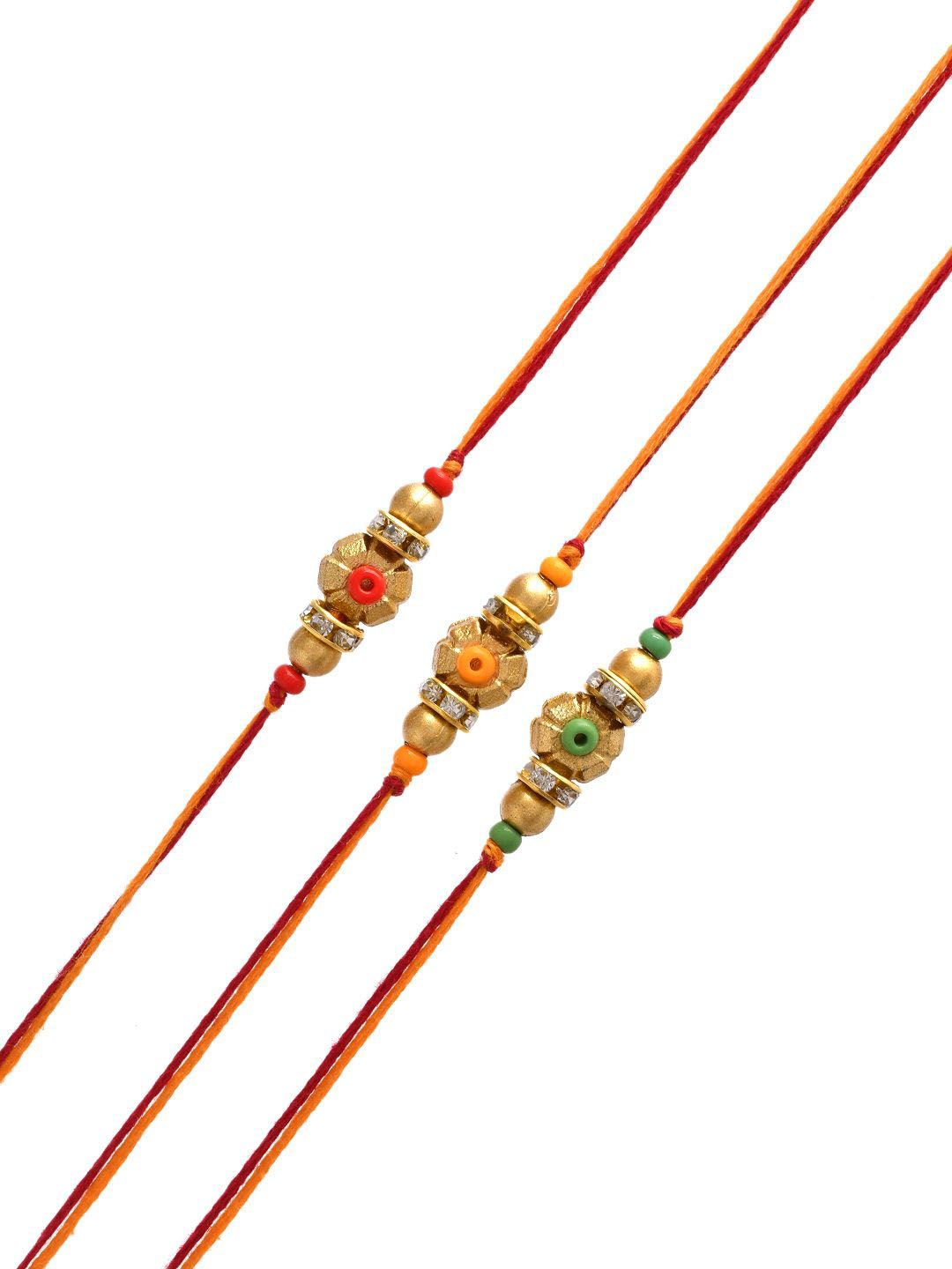 Anouk Set Of 3 Gold-Toned Beaded Rakhi With Roli Rice & Greeting Card