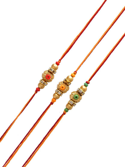 Anouk Set Of 3 Gold-Toned Beaded Rakhi With Roli Rice & Greeting Card