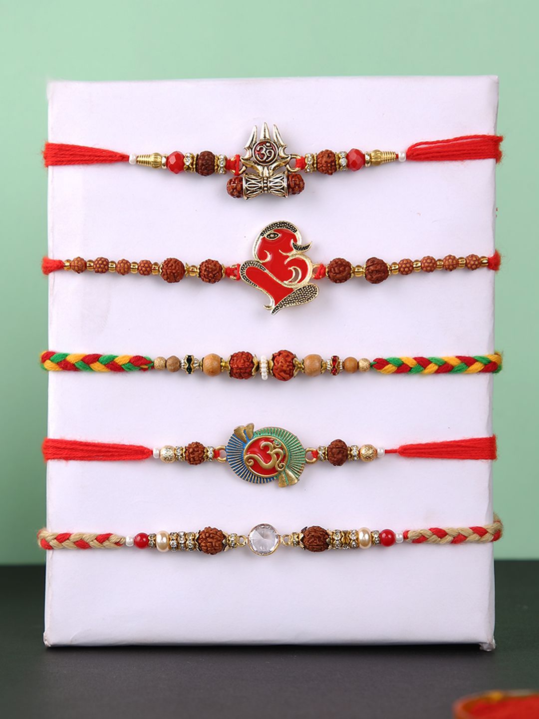 Anouk Set Of 5 Rudraksh & Swastik Beaded Thread Rakhi With Roli Chawal & Greetings Card