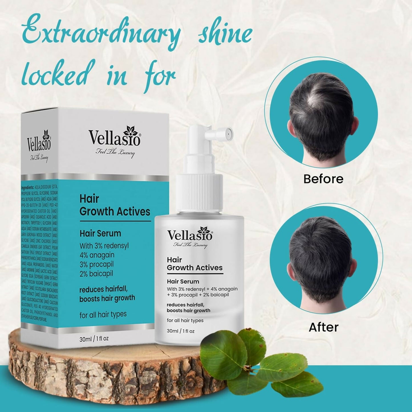 Vellasio Hair Growth Serum actives with Redensyl, Anagain, Procaoil, and Baicapil, showcasing the serum in a clear bottle.