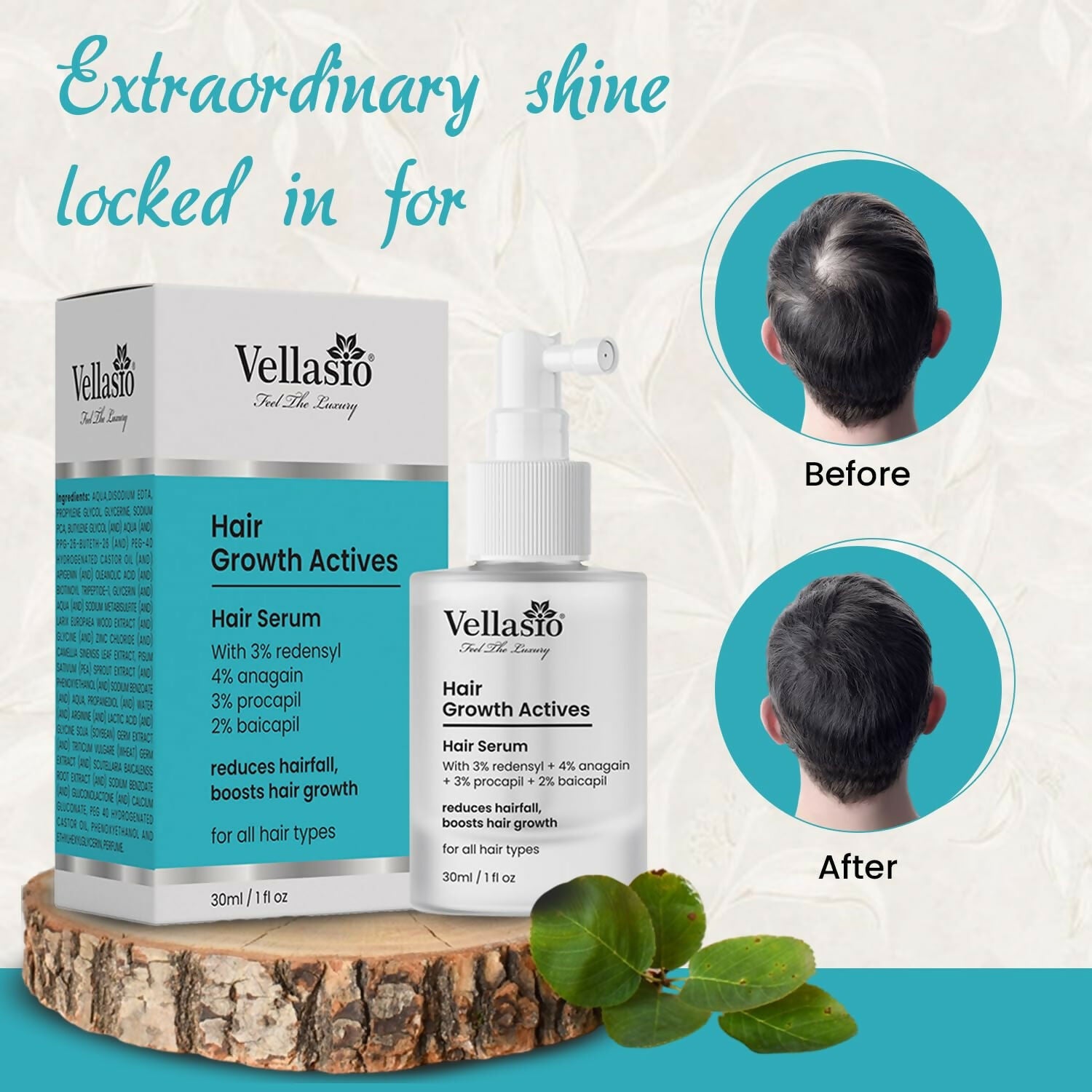 Vellasio Hair Growth Serum actives with Redensyl, Anagain, Procaoil, and Baicapil, showcasing the serum in a clear bottle.