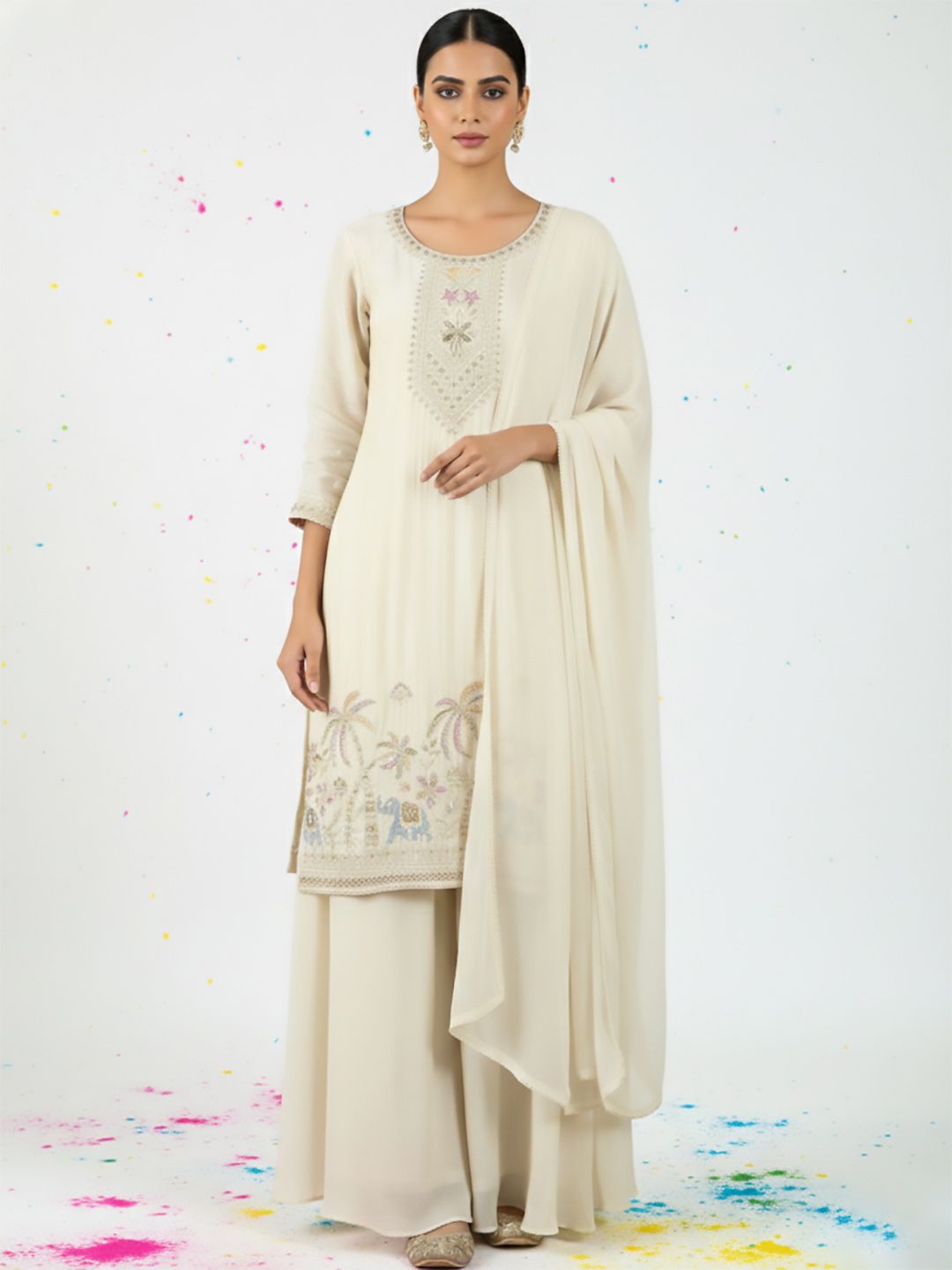 Indyancart VA Women Ethnic Motifs Embroidered Regular Thread Work Kurta with Palazzos & With Dupatta