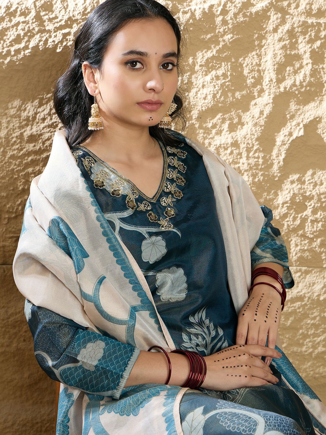 Indyancart IE Women Floral Printed Regular Beads and Stones Kurta with Trousers & With Dupatta