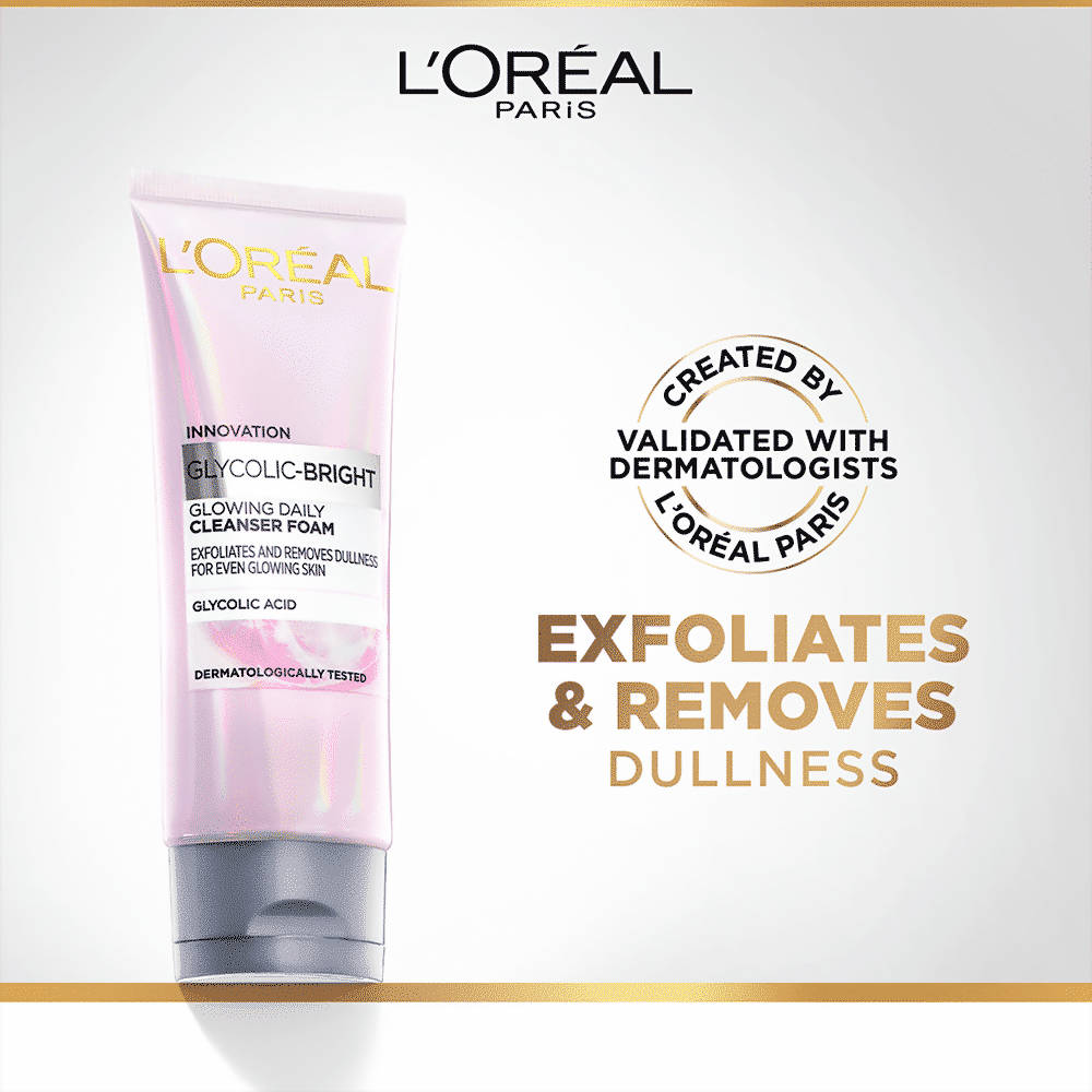L'Oreal Paris Glycolic Acid glowing and protecting skincare regime kit with sunscreen, cleanser, serum, and moisturizer.