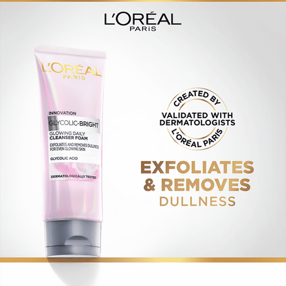 L'Oreal Paris Glycolic Acid glowing and protecting skincare regime kit with sunscreen, cleanser, serum, and moisturizer.