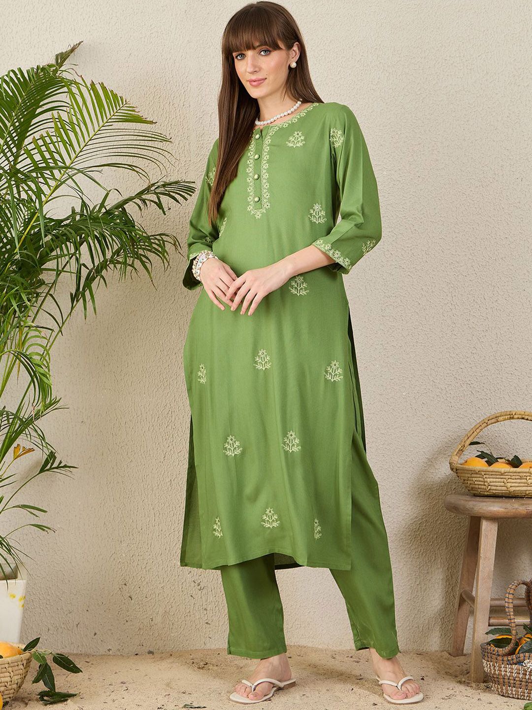 Indyancart IE Embroidered Notch Neck Tunic With Trouser