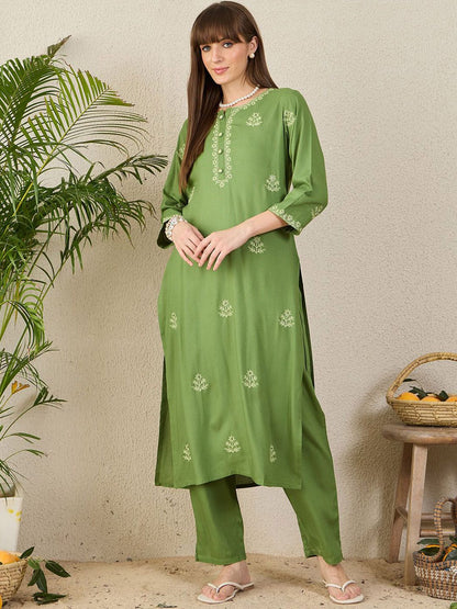 Indyancart IE Embroidered Notch Neck Tunic With Trouser