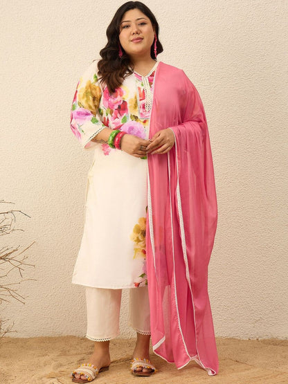 Indyancart Women's Floral Printed Regular Kurta with Trousers & With Dupatta
