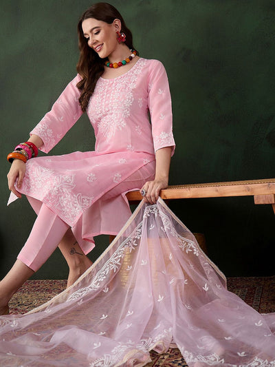 Indyancart SN Women's Pink and White Floral Embroidered Thread Work Cotton Kurta & Trouser With Dupatta