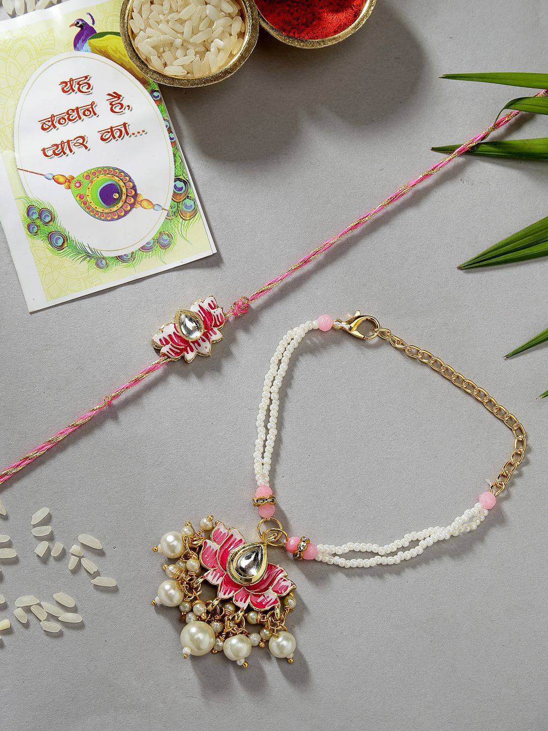 Anouk Unisex Set Of 2 Pink Lotus Shape Kundan-Studded & Beaded Wraparound Rakhi Set