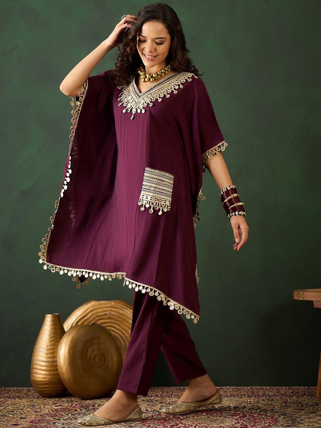 Indyancart SN Women's Burgundy Geometric Embroidered V-Neck Mirror Work Kaftan With Trousers