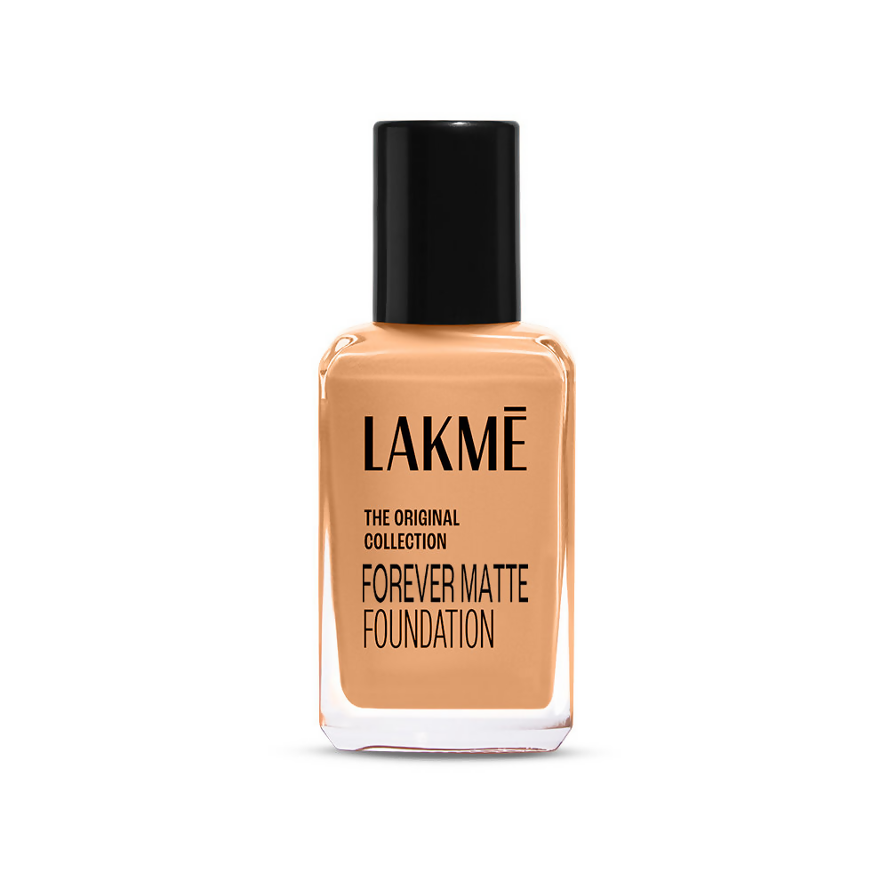 Lakme Forever Matte Foundation for superior coverage, featuring a sleek bottle and a smooth matte finish.