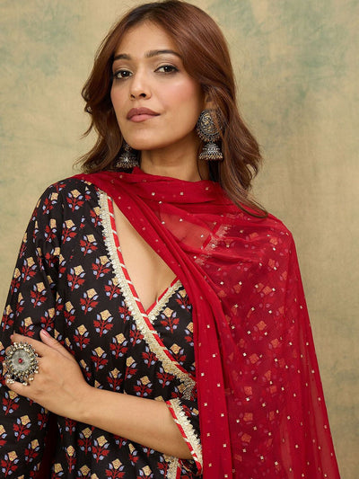 Indyancart VA Women'sFloral Printed V-Neck Angrakha Kurta With Trousers & Dupatta
