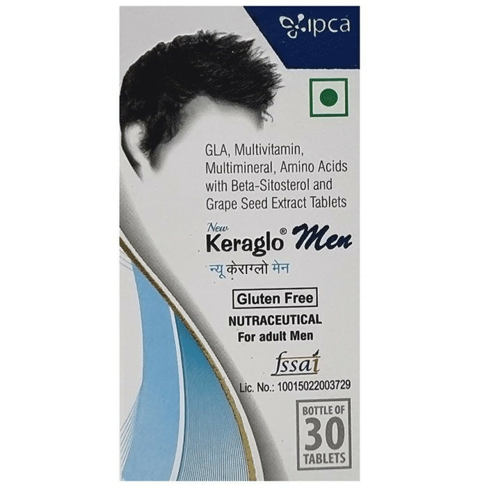 Ipca Keraglo Men Hair Care tablets in a blister pack, designed to support hair health and strength for men