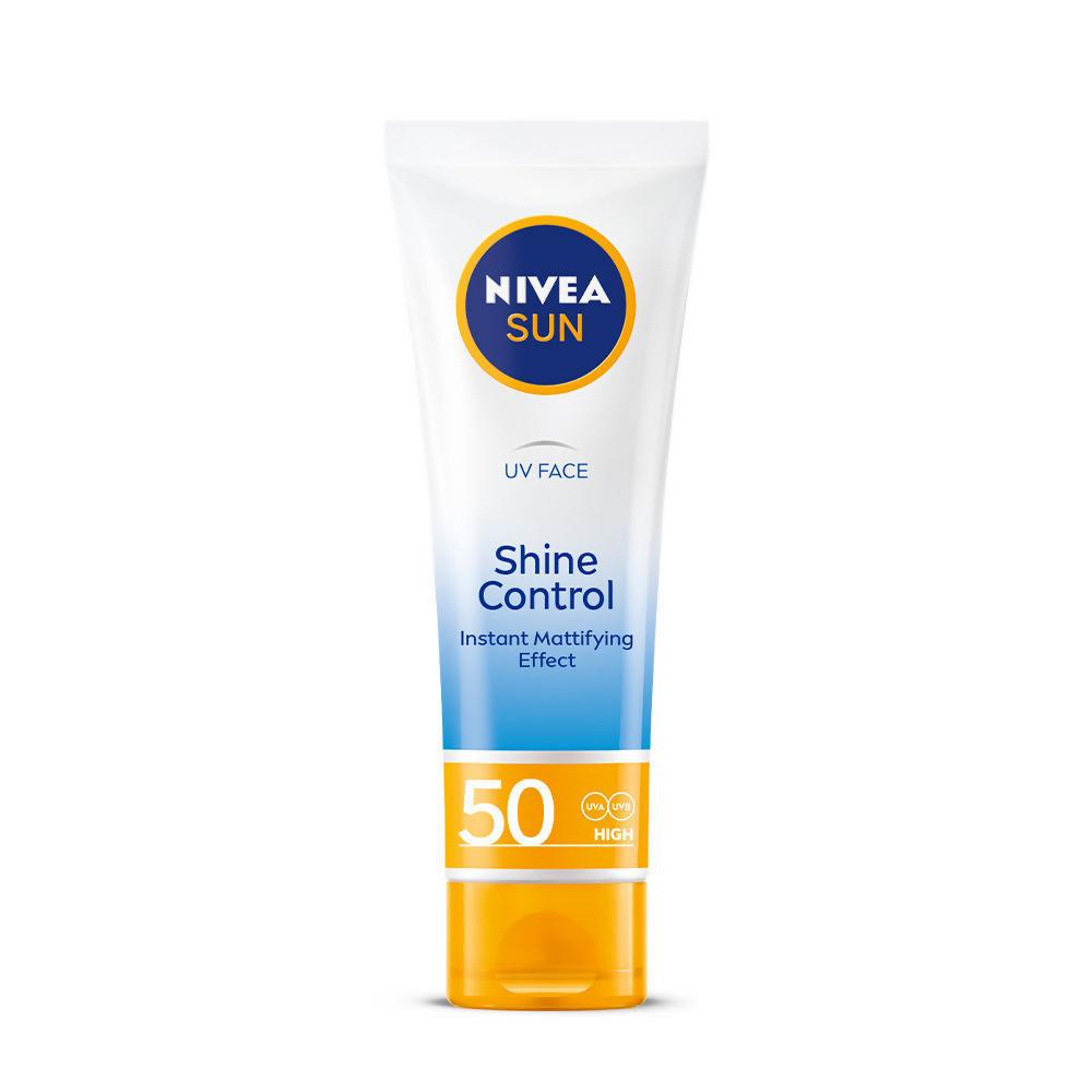 Nivea Sun Shine Control SPF 50 sunscreen in a tube, showing the ultra matte finish and no white cast on the skin.