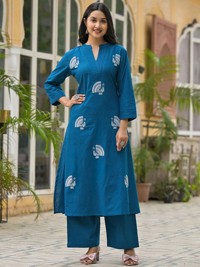 Dhiyona IE Animal Embroidered Regular Thread Work Pure Cotton Kurta With Palazzos