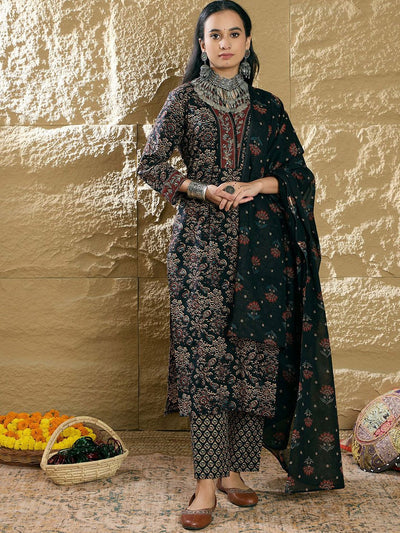 Indyancart IE Women Floral Printed Regular Pure Cotton Kurta with Trousers & Dupatta