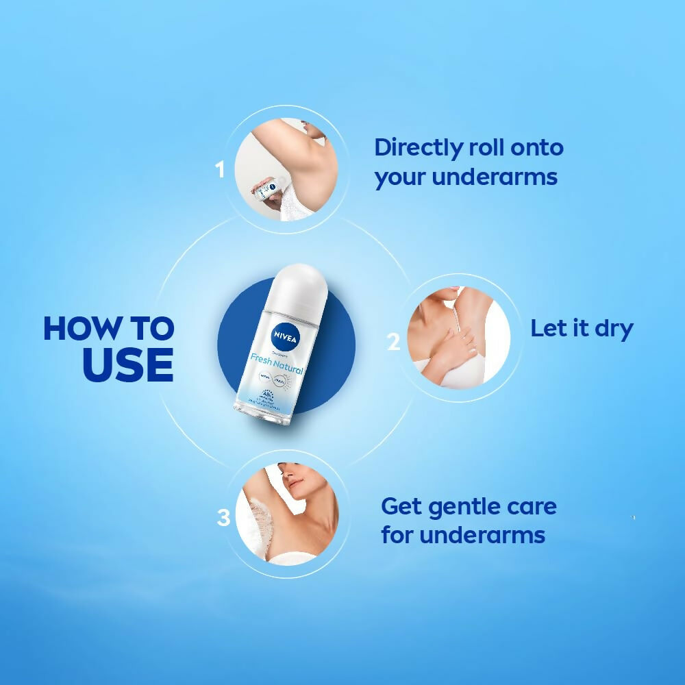 Nivea Fresh Natural Roll-On underarm deodorant for women, 48-hour smooth and fresh underarm skin, in a white and blue bottle.