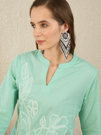 Women Floral Embroidered Regular Thread Work Pure Cotton Kurta with Trousers