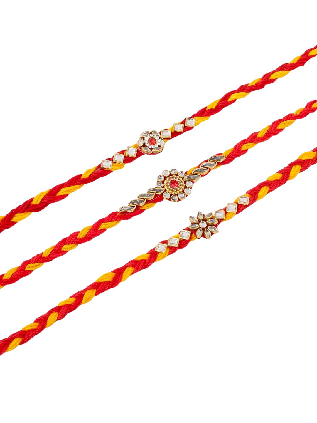 Anouk Men Set Of 3 Red & Yellow Kundan Studded Floral Design Thread Rakhi With Roli Chawal